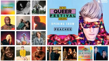 Collage: Bilder von Künstler*innen und anderen Menschen, die beim Queer Festival auftreten oder andere Veranstaltungen durchführen.