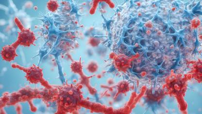 3D-Illustration in blau und rot: HI-Viruszellen, die einen DNA-Strang angreifen