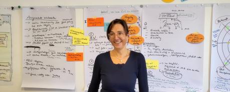 Christine Kirchner steht vor einer Wand mit beschriftetet Flipchart-Papieren