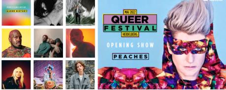 Collage: Bilder von Künstler*innen und anderen Menschen, die beim Queer Festival auftreten oder andere Veranstaltungen durchführen.