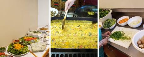 Collage aus drei Bildern: 1. Bild zeigt einen Tisch mit dem fertigen Essen, 2. Bild zeigt die Hand einer Person, die eine Gemüsepfanne umrührt, 3. Bild zeigt zwei Hände einer Person, die Kräuter klein schneidet
