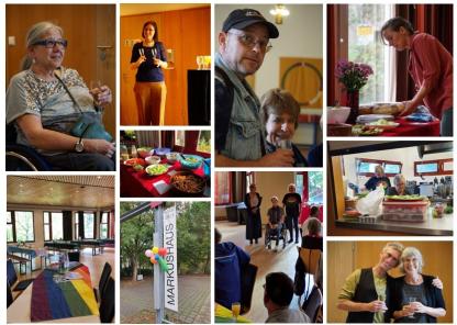 Collage des Herbstfestes: viele Personen stehen beisammen, stoßen mit Sektgläsern an, manche umarmen sich; viele lachen.