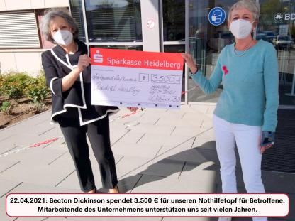 22.04.2021: Becton Dickinson spendet 3.500 € für unseren Nothilfetopf für Betroffene. Mitarbeitende des Unternehmens unterstützen uns seit vielen Jahren.