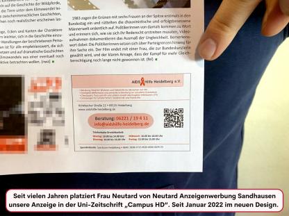 Seit vielen Jahren platziert Frau Neutard von Neutard Anzeigenwerbung Sandhausen unsere Anzeige in der Uni-Zeitschrift "Campus HD" um Studierende auf unsere Angebote aufmerksam zu machen. Seit Januar im neuen Design.