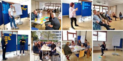 Collage: Verschiedene Bilder von der Zukunftswerkstatt. Alle arbeiten konzentriert oder präsentieren etwas. In der Mittagspause saßen alle um einen großen Tisch herum.
