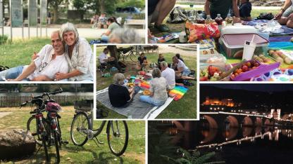 Collage vom Picknick: Menschen sitzen zusammen auf der Wiese, essen und haben Spaß.