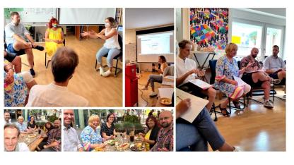 Collage zum Workshop Stressbewältigung: Verschiedene Bilder aus dem Workshop. Alle arbeiten konzentriert mit; einige Methoden sind zu sehen. Auch sind Bilder vom Mittagessen dabei.