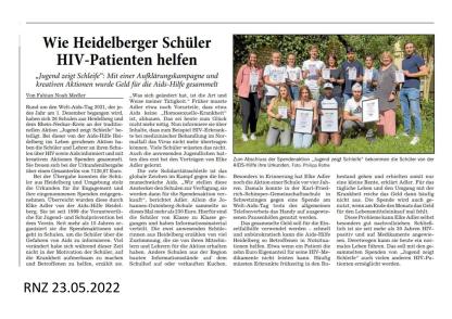 Der Artikel der Rhein-Neckar-Zeitung zur Urkundenübergabe unserer Spendenaktion "Jugend zeigt Schleife"