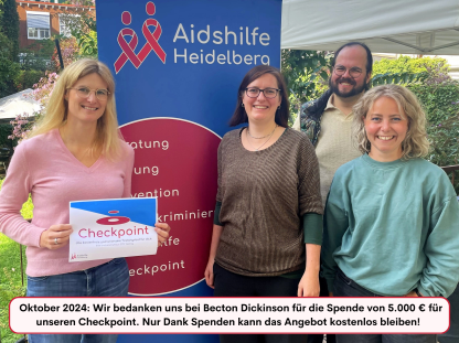  Oktober 2024: Wir bedanken uns bei Becton Dickinson für die Spende von 5.000 € für unseren Checkpoint. Nur Dank Spenden kann das Angebot kostenlos bleiben! 