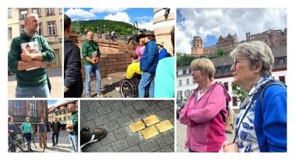 Eine Collage aus sechs verschiedenen Szenen der QueerTour. Zu sehen sind haupt- und ehrenamtliche MItarbeiter*innen der AIDS-Hilfe und Steffen Schmid. Im Hintergrund sind Sehenswürdigkeiten wie die alte Brücke, der Brückenaffe oder das Schloss zu sehen. Ein Bild zeigt Stolpersteine auf Kopfsteinpflaster.