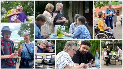 Collage des Frühlingsfestes: viele Personen stehen beisammen, stoßen mit Sektgläsern an, manche umarmen sich; viele lachen.