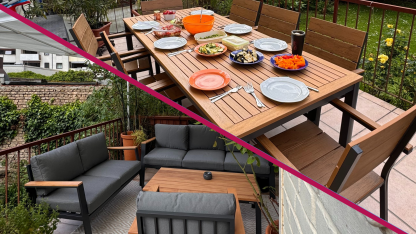 Unsere neue Lounge Ecke mit einer Dreier-Sitzbank, Zweier Sitzbank und einem Sessel. Darüber ist ein weißer Pavillon.