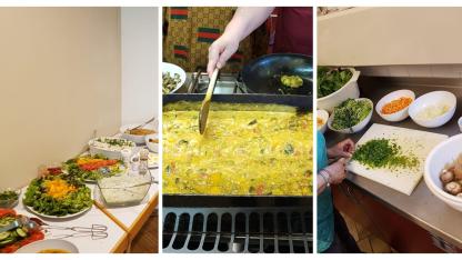 Collage aus drei Bildern: 1. Bild zeigt einen Tisch mit dem fertigen Essen, 2. Bild zeigt die Hand einer Person, die eine Gemüsepfanne umrührt, 3. Bild zeigt zwei Hände einer Person, die Kräuter klein schneidet